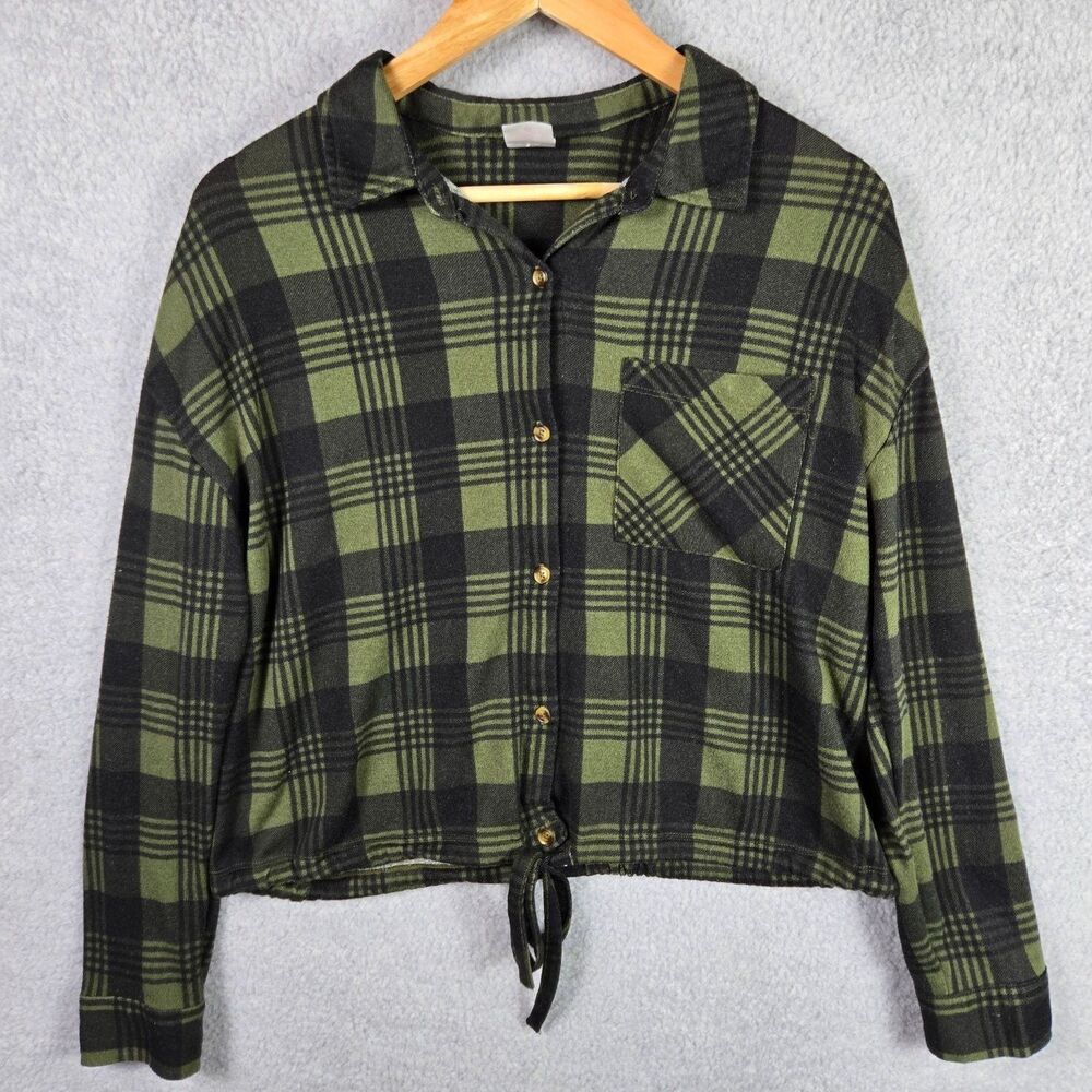 No Boundaries Plaid Flannel Cropped Shirt Jacket Juniors Large 11-13 Green Black